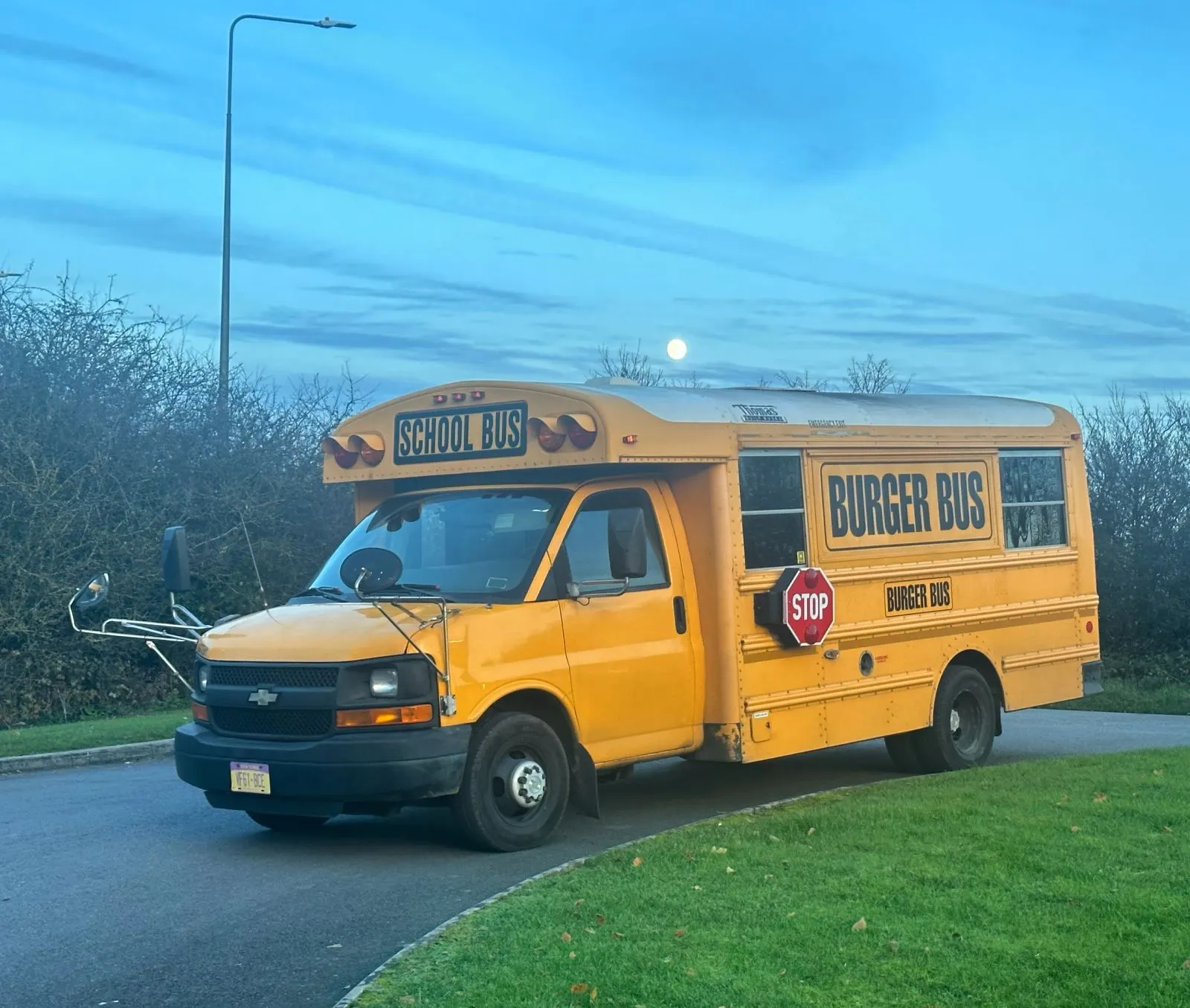 Burger Bus parked up at dusk
