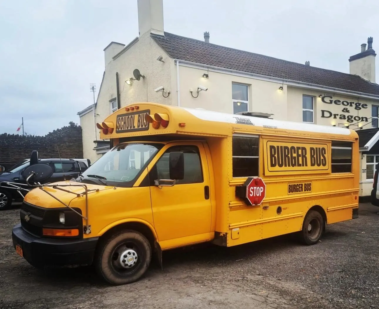 Burger Bus outside the George and Dragon pub in Winterbourne