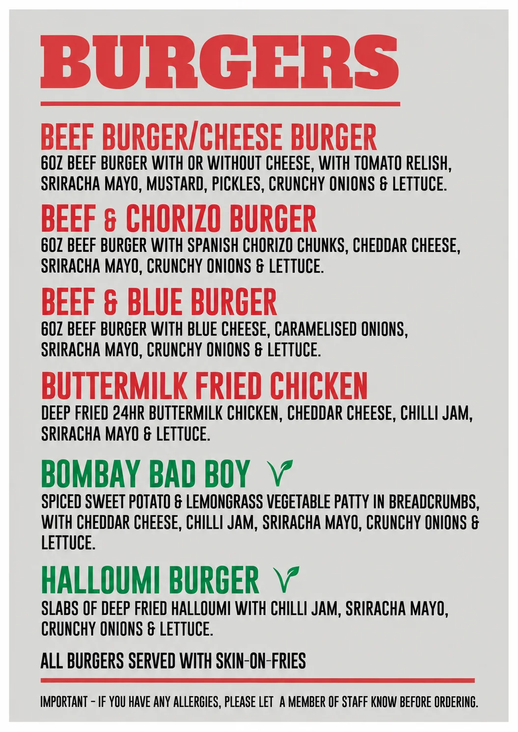 Burger Bus private hire menu: beef, chorizo, blue cheese, buttermilk chicken, Bombay Bad Boy and halloumi burgers