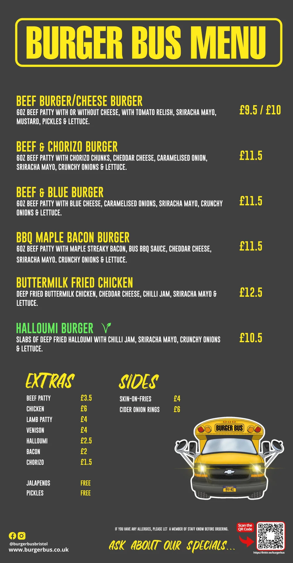 Burger Bus street trading menu with prices: burgers, extras and sides